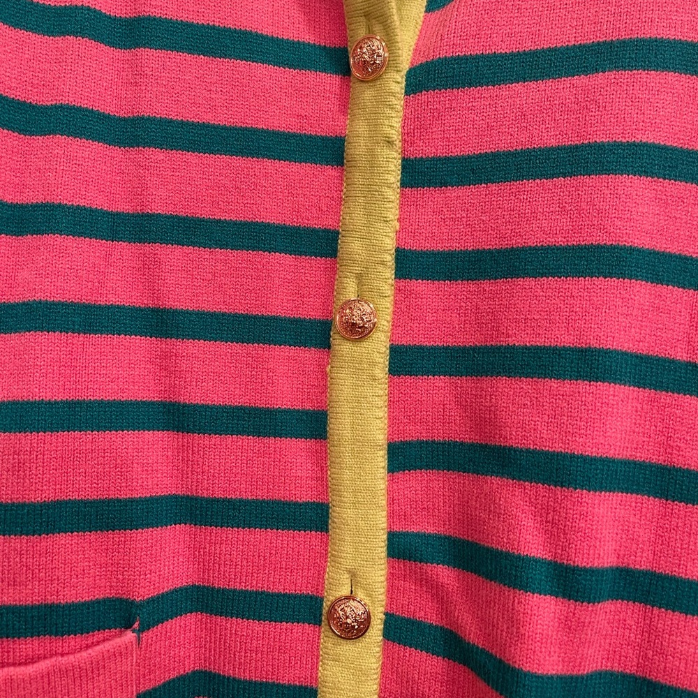 Striped Pink & Teal Crewneck Cardigan with Lime Trim - Picture 3 of 6